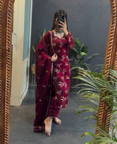Deep Maroon Suit with Golden Embroidery Dupatta