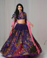Purple Kalamkari Lehenga Set with Peacock Motif and Pink Dupatta