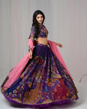 Purple Kalamkari Lehenga Set with Peacock Motif and Pink Dupatta