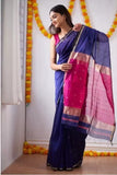 Blue Linen Maheshwari Cotton Zari Woven Saree