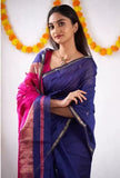 Blue Linen Maheshwari Cotton Zari Woven Saree