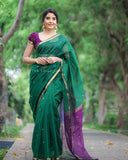 Green Soft Linen Cotton Saree with Zari Woven Design