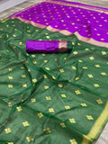 Green Soft Linen Cotton Saree with Zari Woven Design