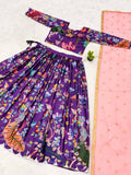 Purple Kalamkari Lehenga Set with Peacock Motif and Pink Dupatta