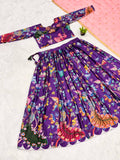 Purple Kalamkari Lehenga Set with Peacock Motif and Pink Dupatta
