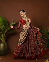 Digital Maroon Madhubani Print Lehenga with Beige Dupatta