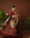 Digital Maroon Madhubani Print Lehenga with Beige Dupatta