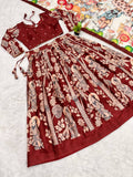 Digital Maroon Madhubani Print Lehenga with Beige Dupatta