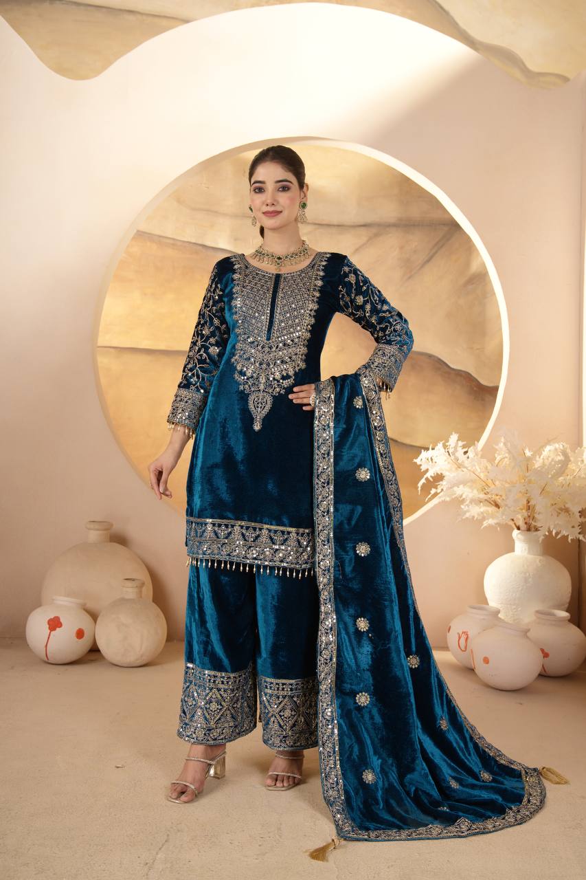 Pure Heavy Viscose Velvet Suit  With Heavy Embroidery Sequence Work
