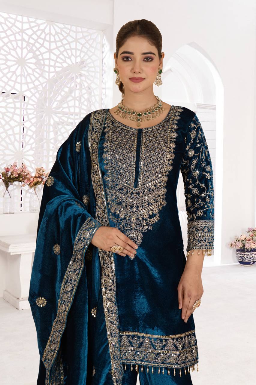 Pure Heavy Viscose Velvet Suit  With Heavy Embroidery Sequence Work