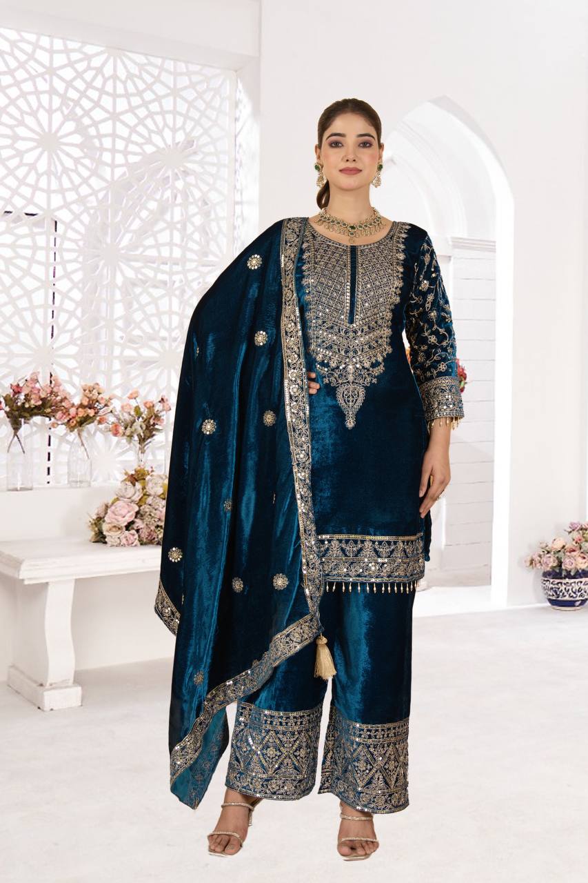 Pure Heavy Viscose Velvet Suit  With Heavy Embroidery Sequence Work