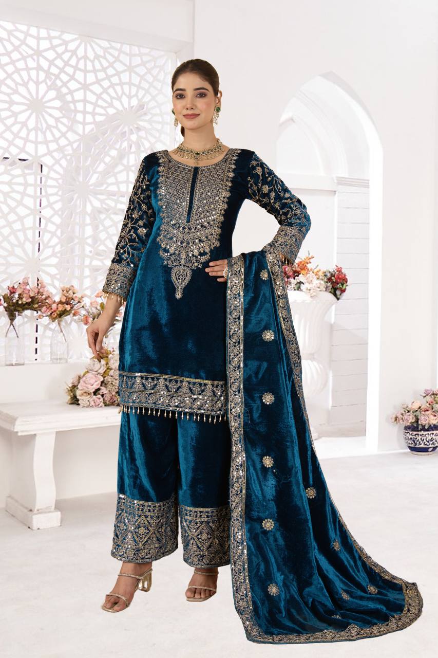 Pure Heavy Viscose Velvet Suit  With Heavy Embroidery Sequence Work