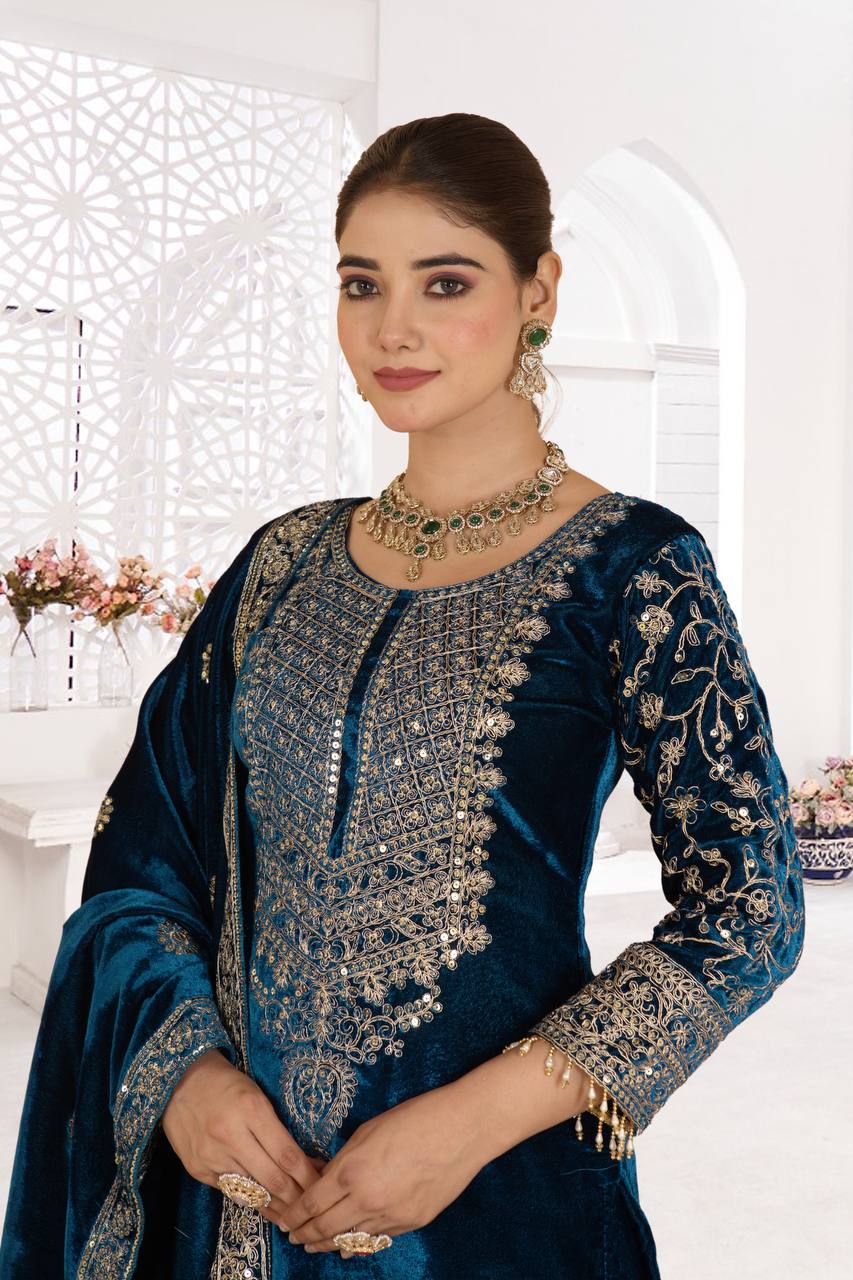 Pure Heavy Viscose Velvet Suit  With Heavy Embroidery Sequence Work