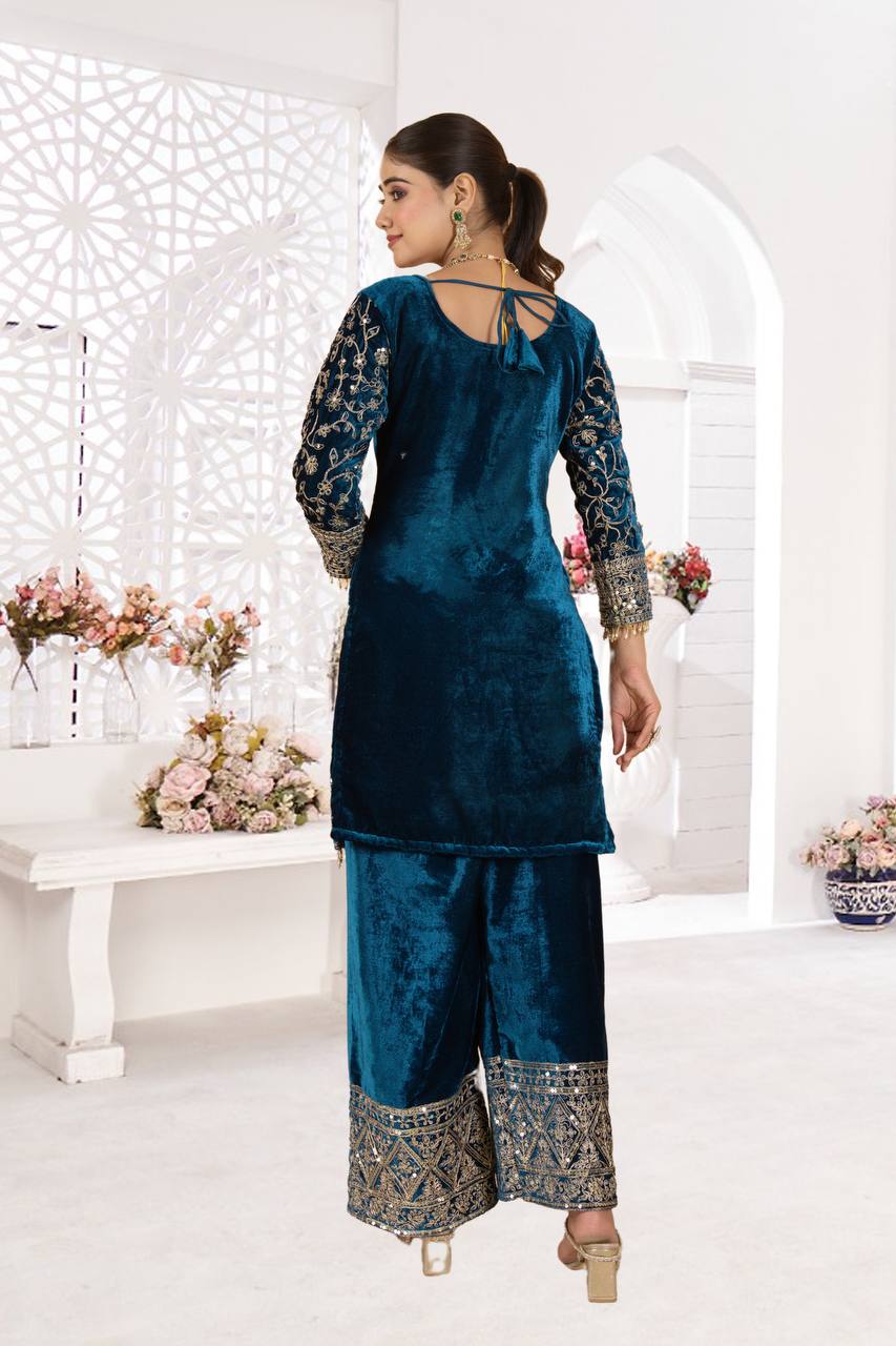 Pure Heavy Viscose Velvet Suit  With Heavy Embroidery Sequence Work