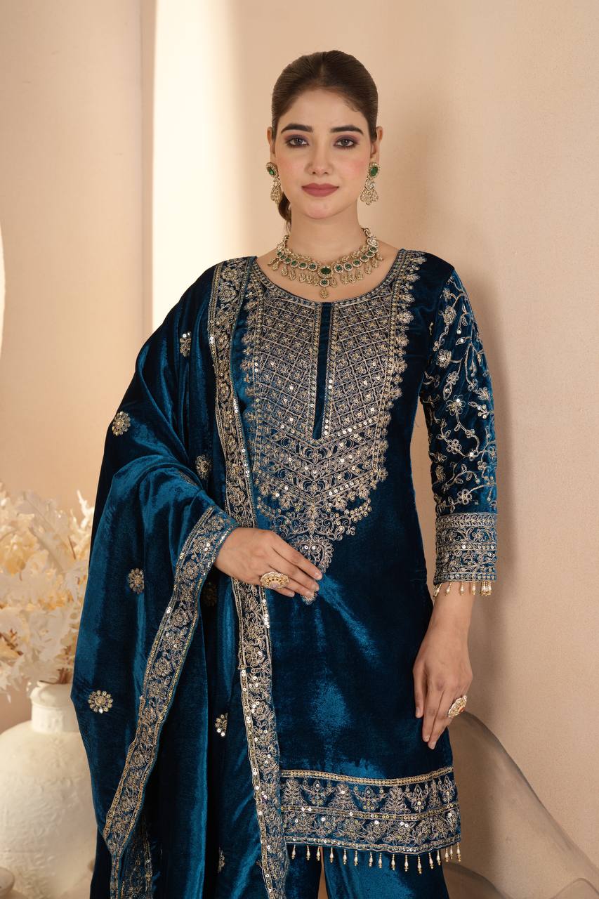 Pure Heavy Viscose Velvet Suit  With Heavy Embroidery Sequence Work