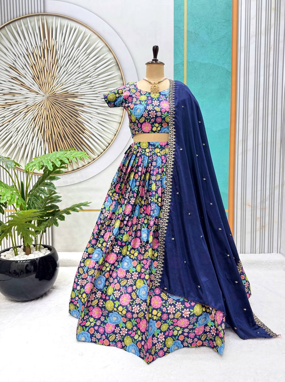 Floral Embroidery Soft Chinnon Silk Lehenga Set