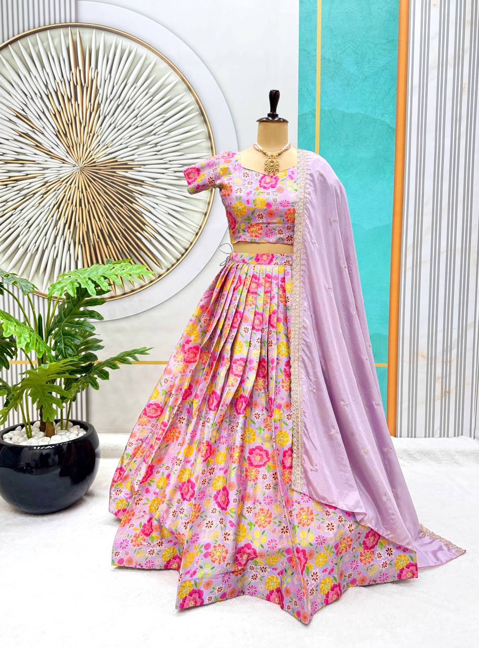 Floral Embroidery Soft Chinnon Silk Lehenga Set