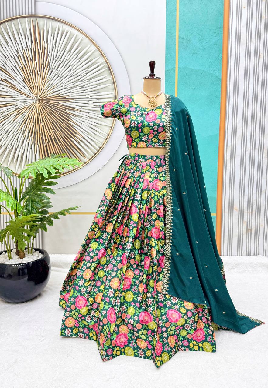 Floral Embroidery Soft Chinnon Silk Lehenga Set