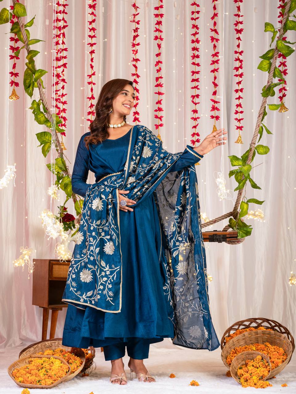 Blue Anarkali Embroidery Suit Set