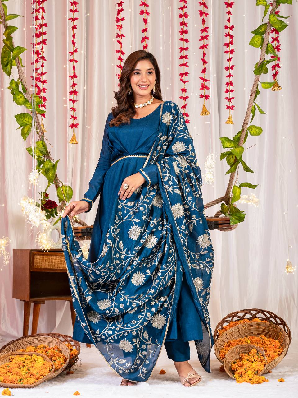 Blue Anarkali Embroidery Suit Set