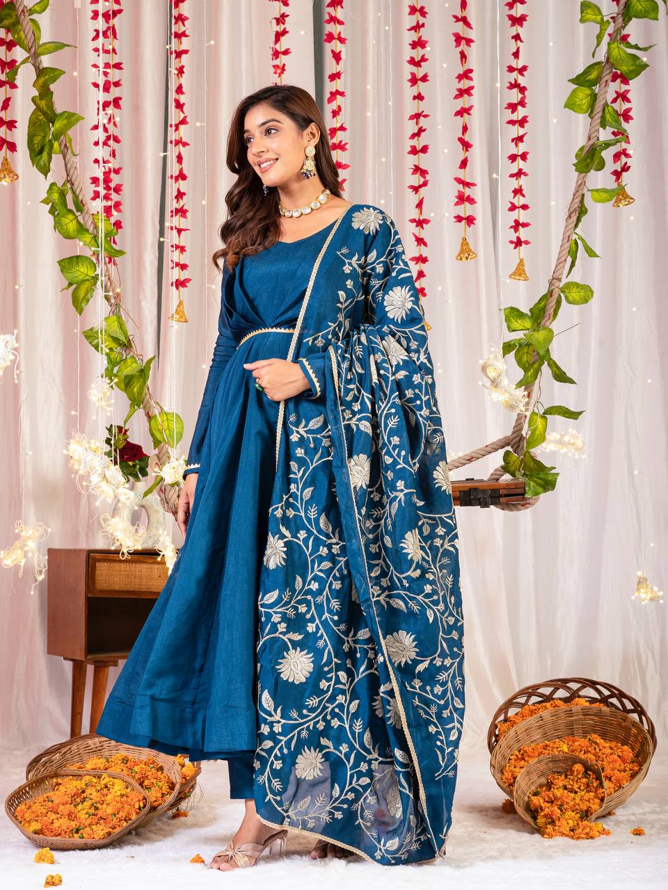 Blue Anarkali Embroidery Suit Set