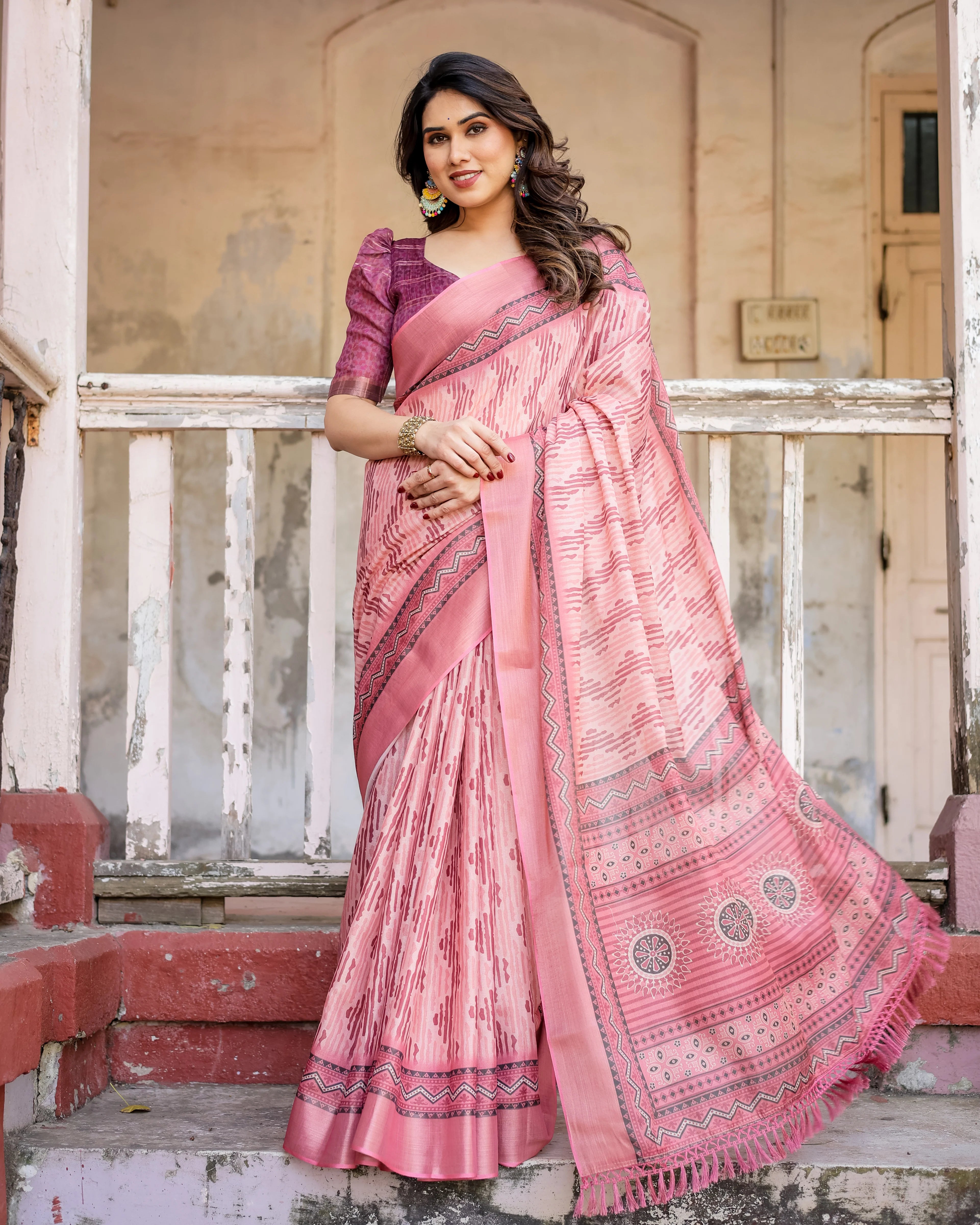 Multicolor Linen Saree with Traditional Patterns