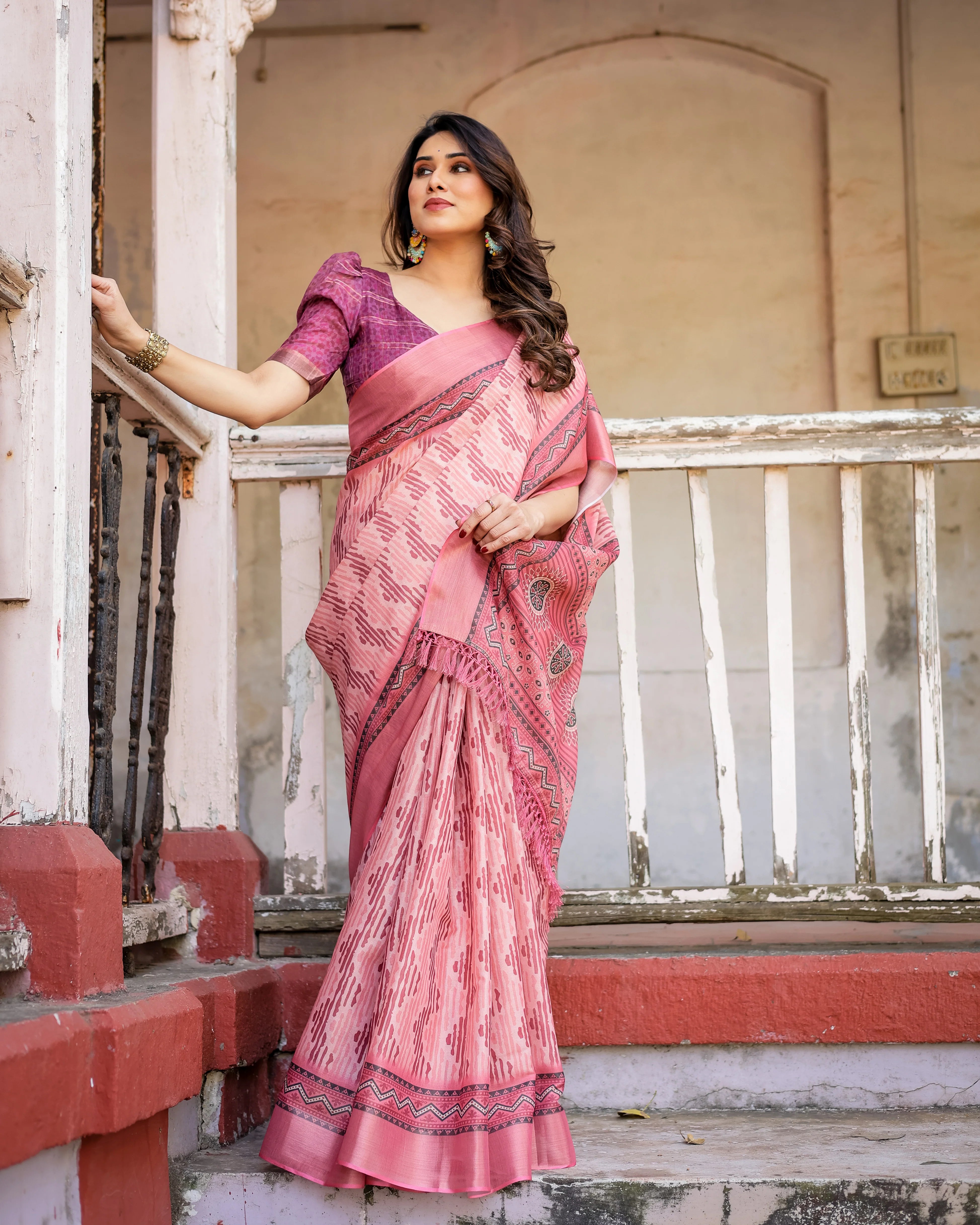 Multicolor Linen Saree with Traditional Patterns