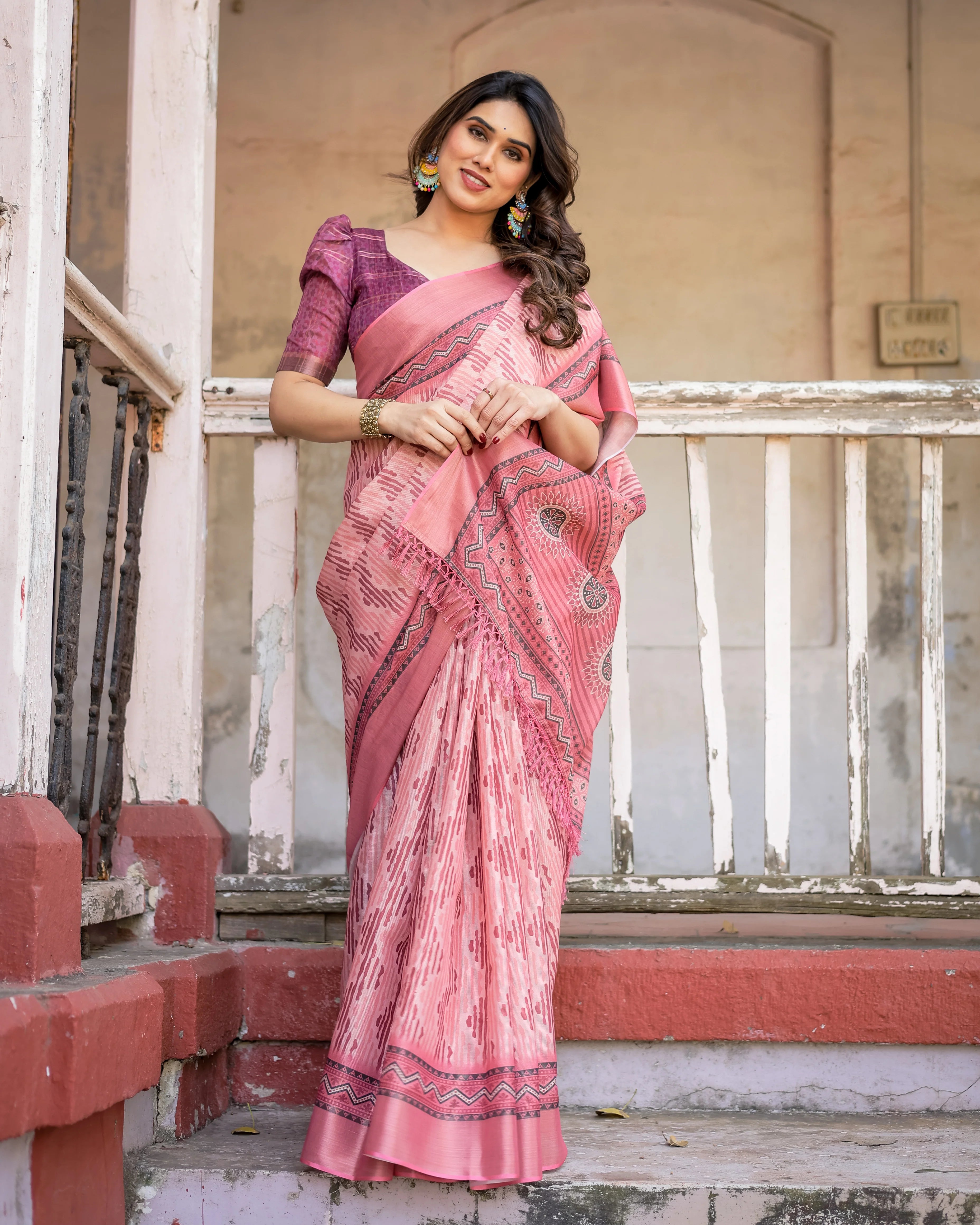 Multicolor Linen Saree with Traditional Patterns