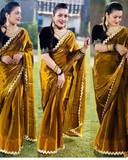 Party Wear Gold Brown Saree With Embroidery Lace Work and Blouse