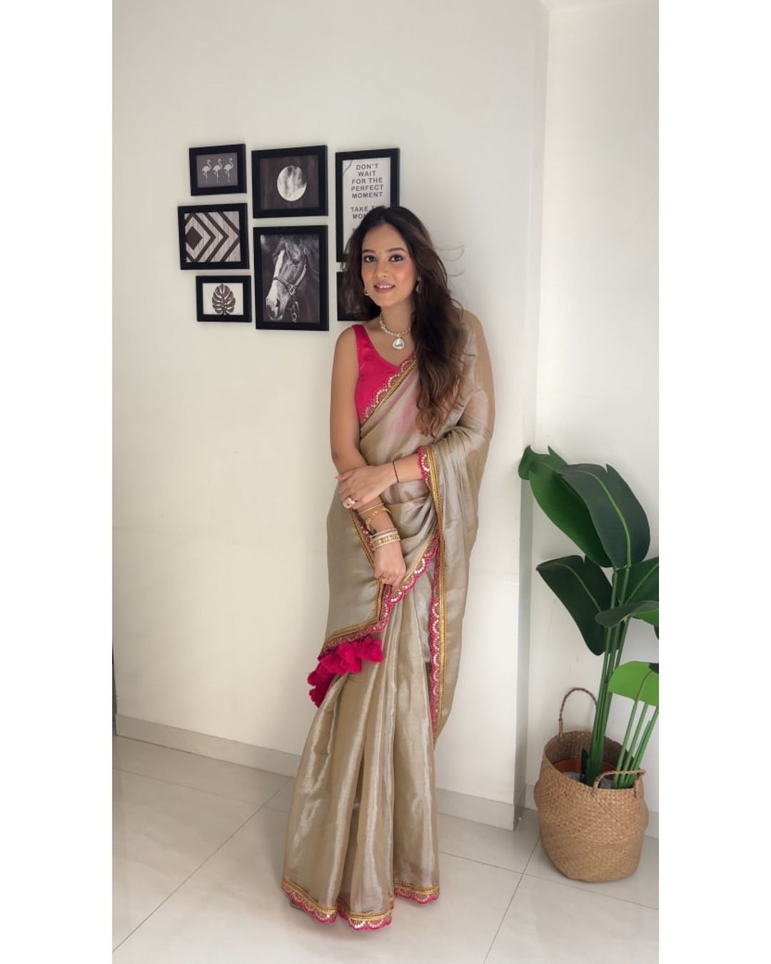 Gold and Pink Pure Crushed Tissue Silk Saree