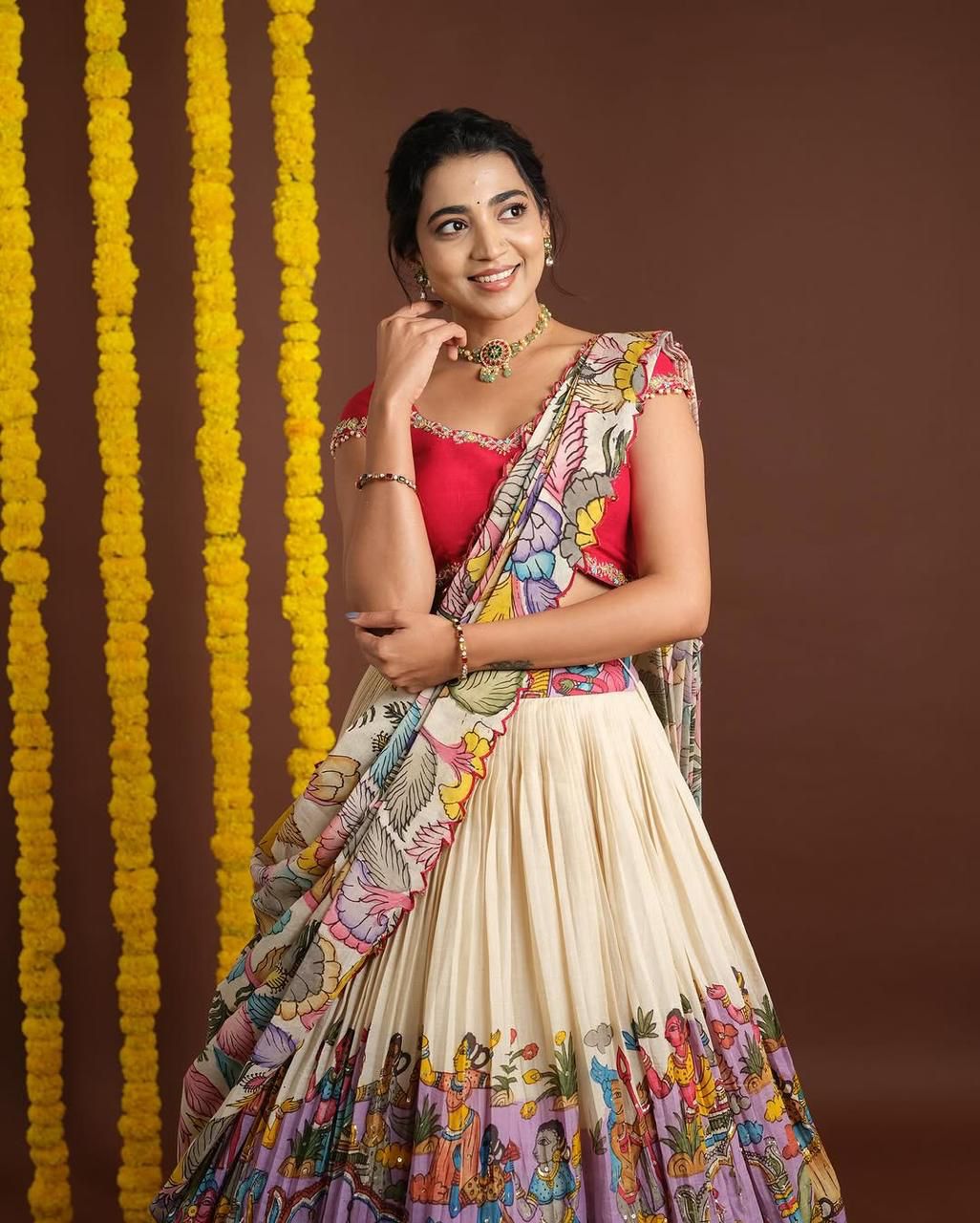 Designer Kalamkari Printed Lehenga Choli with Frill Work