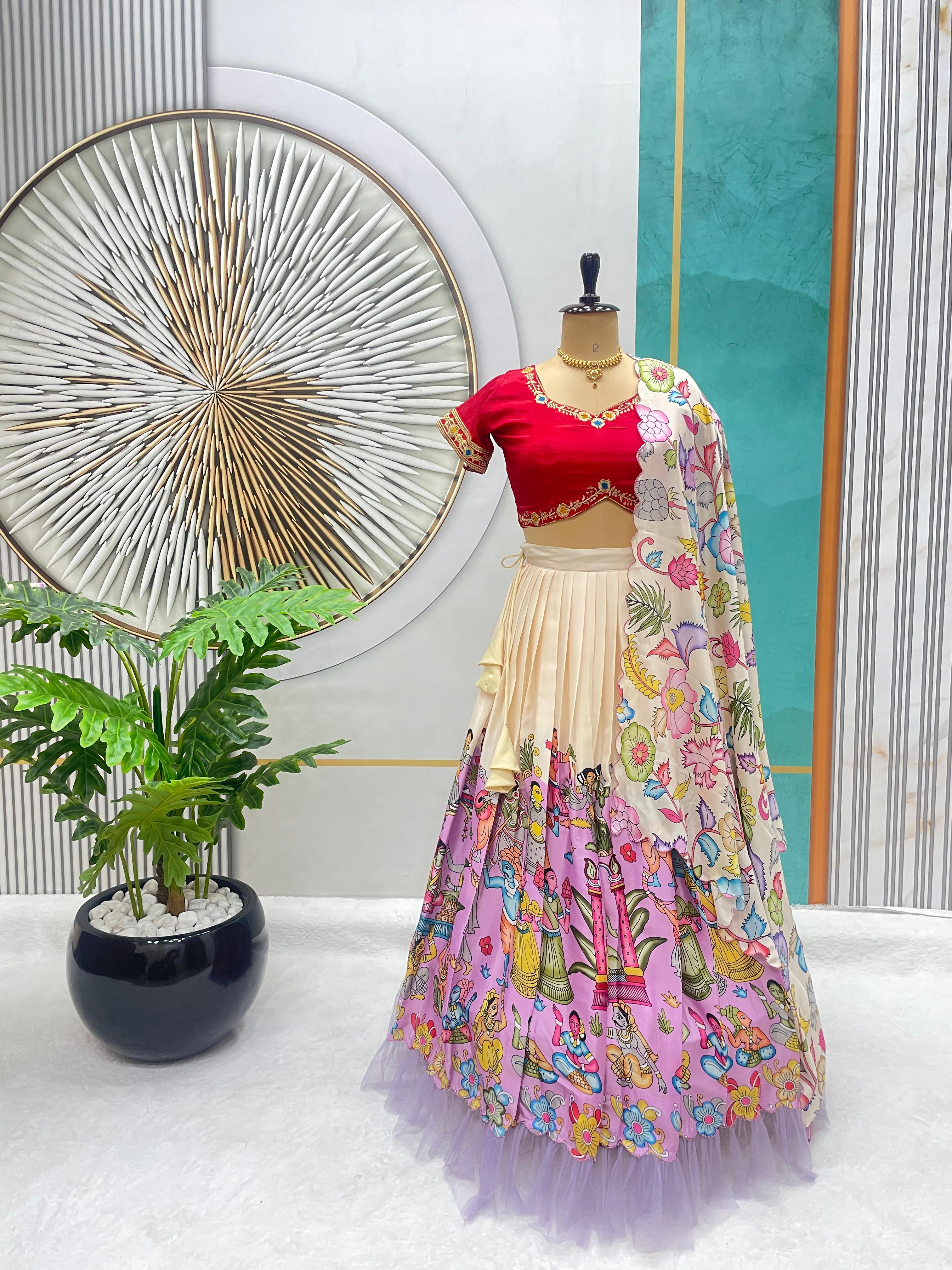Designer Kalamkari Printed Lehenga Choli with Frill Work