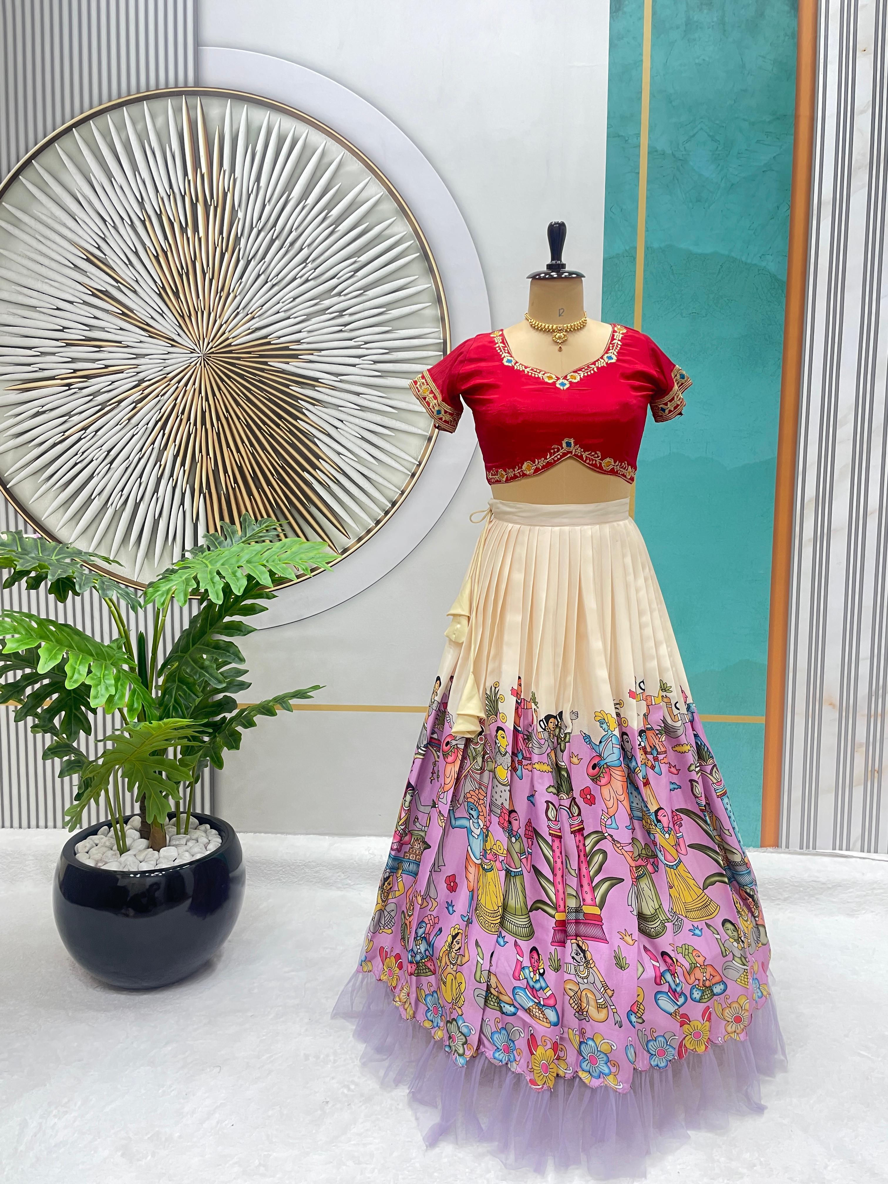 Designer Kalamkari Printed Lehenga Choli with Frill Work