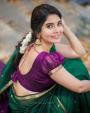 Green Soft Linen Cotton Saree with Zari Woven Design