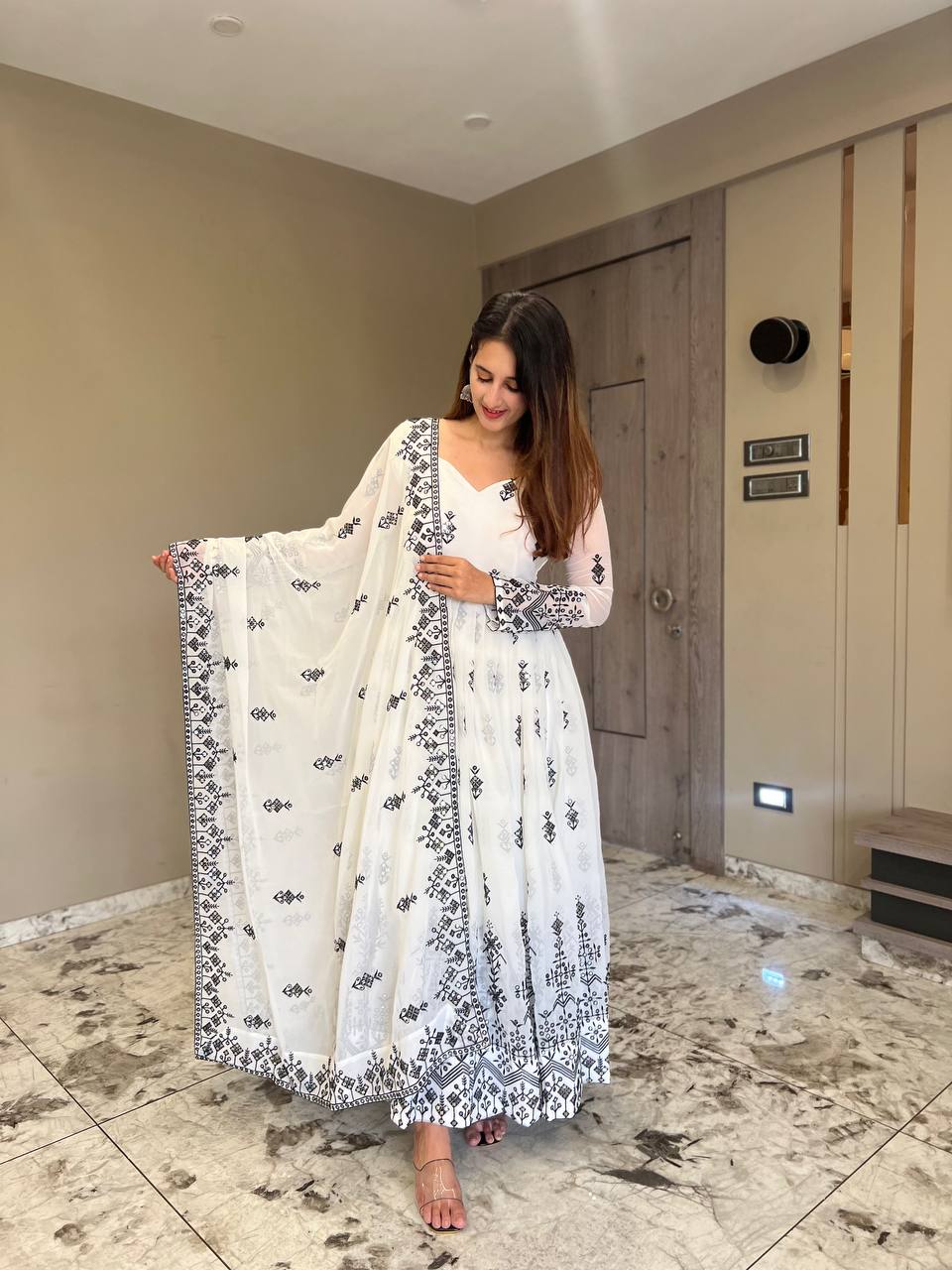 Off White Anarkali Suit set and Dupatta