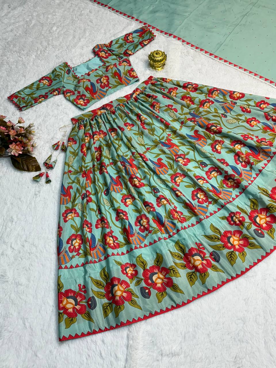 Multicoloured Chinon Printed Lehenga choli