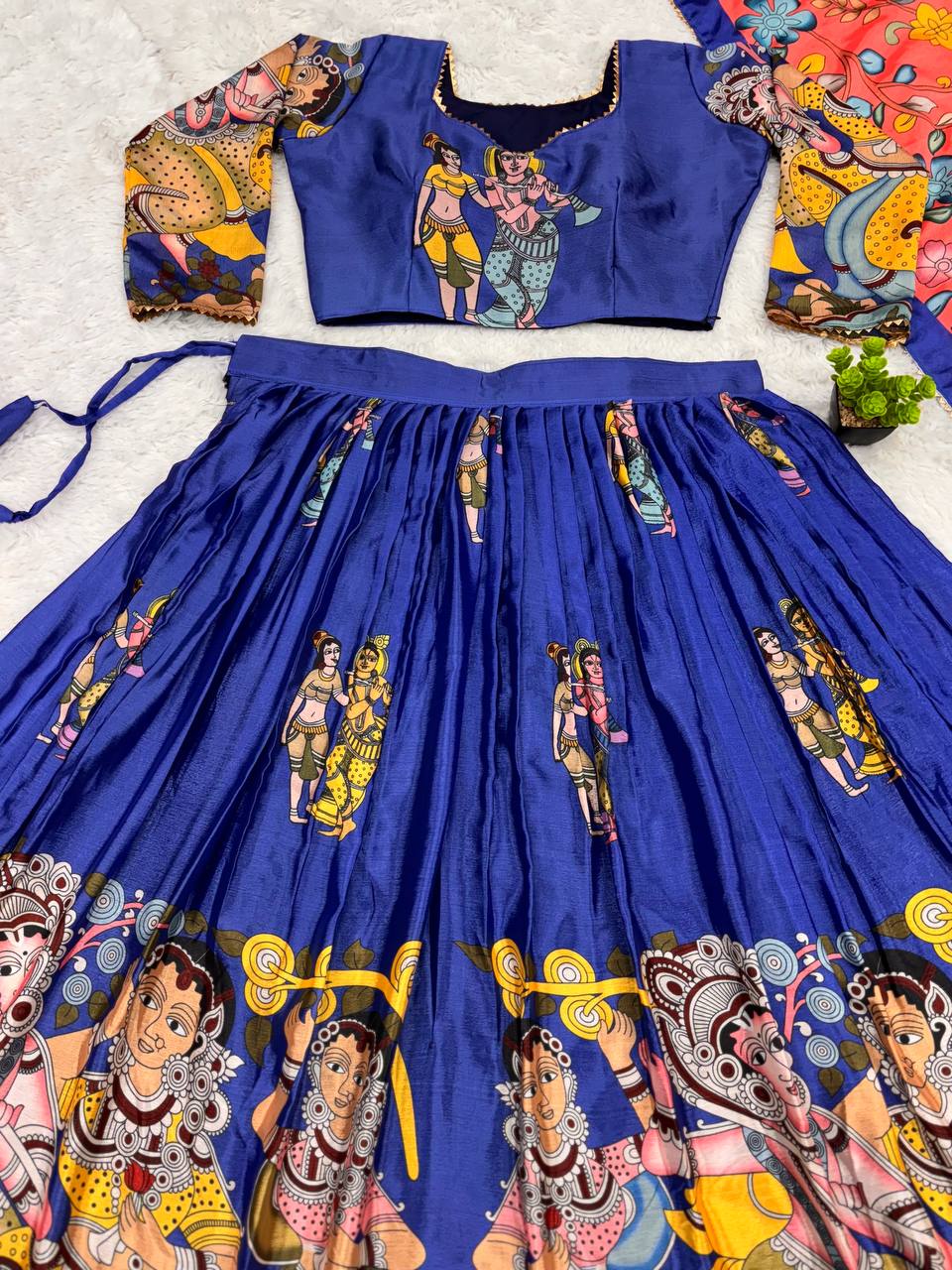 Kalamkari Lehenga Choli Set with Multicolor Cultural Prints
