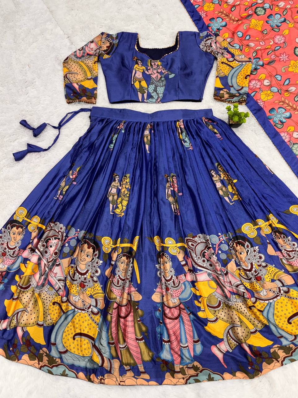 Kalamkari Lehenga Choli Set with Multicolor Cultural Prints