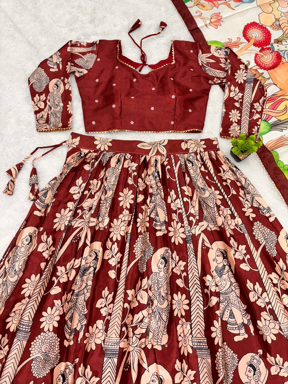 Digital Maroon Madhubani Print Lehenga with Beige Dupatta