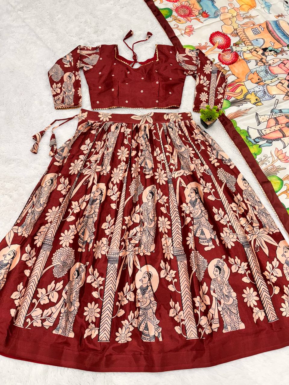 Digital Maroon Madhubani Print Lehenga with Beige Dupatta