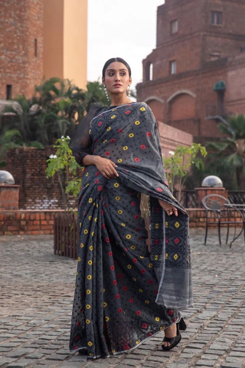 Black Pure Cotton Soft Slik Printed Saree with Rich Blouse