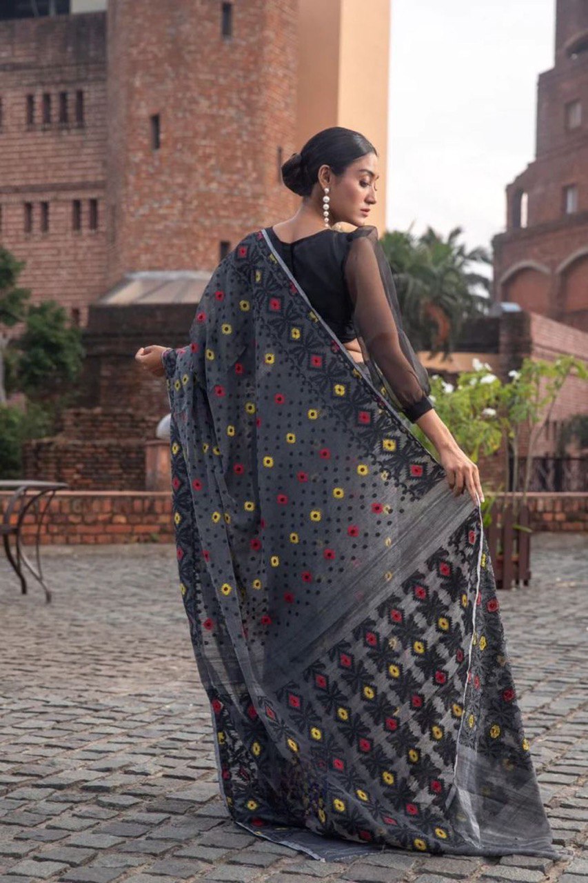 Black Pure Cotton Soft Slik Printed Saree with Rich Blouse