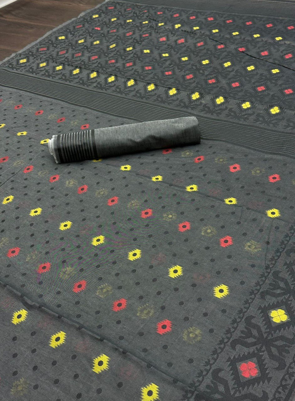 Black Pure Cotton Soft Slik Printed Saree with Rich Blouse