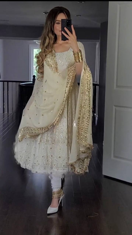 White Faux Blooming With Embroidery Zari Sequins Gown