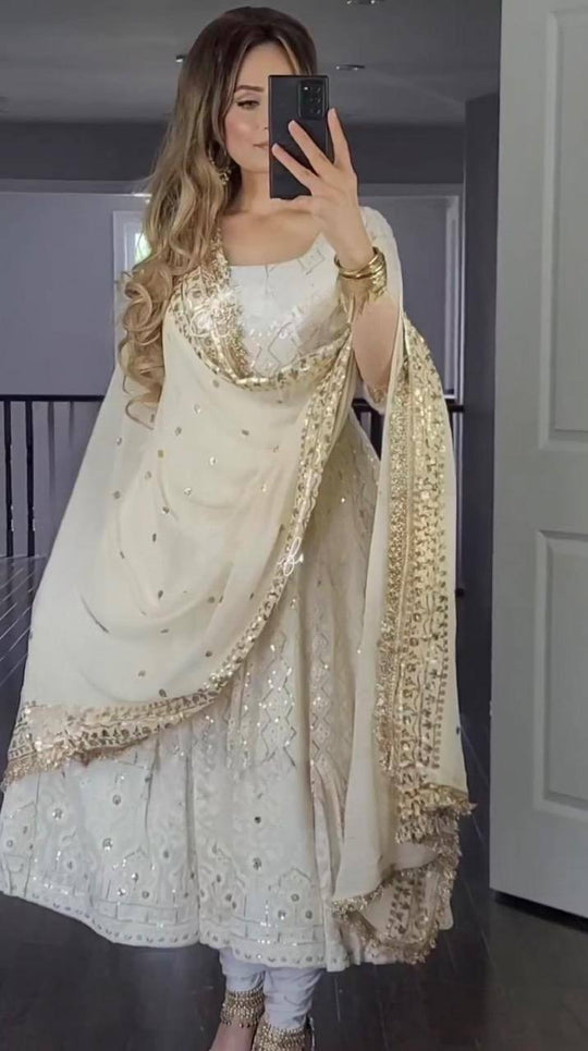 White Faux Blooming With Embroidery Zari Sequins Gown